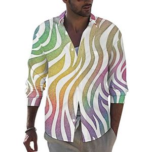 Regenboog Zebra Patroon Mannen Button Down Lange Mouw Casual Strand Tops Met Pocket Regular Fit