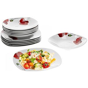 Van Well 12-delig tafelservies Monika voor 6 personen, platte borden + diepe soepborden, klaprozenbloem, stijlvol porselein, tafelserviesset, gastronomie