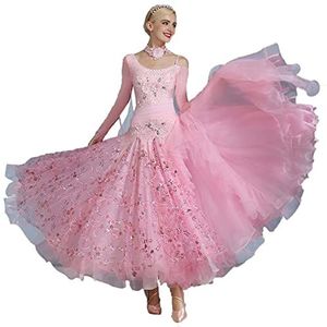 Yhsgscr Professionele ballroomdansjurken voor dames Tango Modern Dance Competition outfit met strass steentjes High end Banquet Big Swing-rok National Standard danskleding,Roze,L