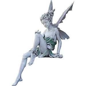 Tuinornament zittende fee, 22 cm hoog, Tudor en Turek, zittend magisch feeënbeeldje, hars, elfen tuinfiguur, sculptuur, feeënfiguur met vleugels