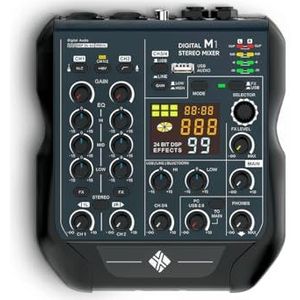 NEXT audiocom M1 4-kanaals digitale mixer mengpaneel voor streaming en opname met USB, Bluetooth, fantoomvoeding en DSP-effecten