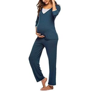 Bienwwow Womens Zwangerschaps pyjama Set Ziekenhuis Zwangerschap Nachtshirt Borstvoeding Top & Bottoms Verpleging Nachtkleding (Blauw, XXL)