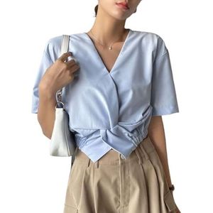 dames topjes Solide blouse met gedraaide voorkant - Casual top met V-hals en korte mouwen (Color : Baby Blue, Size : Small)