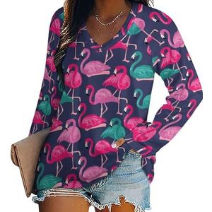 Roze en groene flamingo's dames basic V-hals lange mouwen tops T-shirt T-shirt T-shirt, Stijl-8, 4XL