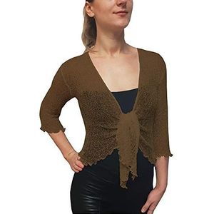 Mimosa Gehaakt damesvest, glitter of effen, elastisch, kanten visnet omslagdoek, open vest, maat 34-58, Mokka, Eén Maat
