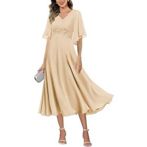 HPPEE Damesjurken voor dames, lange jurk voor moeder van de bruid met mouwen, Empire-taille, A-lijn, chiffon, formele avondjurk, Champagne, 32