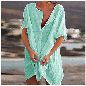 Strandjurk voor dames, zee, sexy badpak, strandjurk, katoen, casual, lange blouse met korte mouwen, effen strandjurk (kleur: groen, ja
