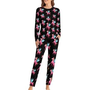 Mooie eenhoorn zachte damespyjama met lange mouwen warme pasvorm pyjama loungewear sets met zakken XL