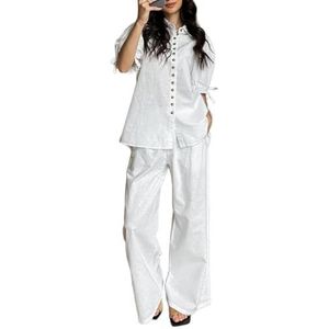 LoprNsdgt Casual Tweedelige Set Voor Vrouwen Pofmouwen Button Down Shirt En Wijde Pijpen Broeken,Wit,L