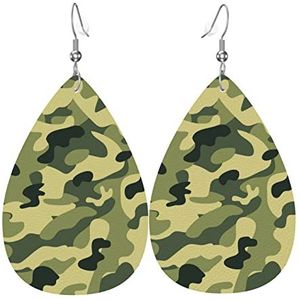 Lederen Oorbellen Voor Vrouwen Groene Camo Hanger Teardrop Oorbellen Dames Oorbellen Sieraden Retro Drop Dangle, Voor Festival, Feest, Nieuwjaar, 3.8x5.7cm, Leer, Geen edelsteen