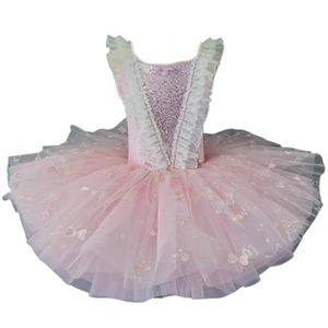 Meisjes balletjurk, kwastjes pannenkoek dansvoorstelling tutu jurk strass bloemen borduurwerk kant Little Dancewear zwaan V-hals spaghettibandjes ballerina kostuum,Roze,100