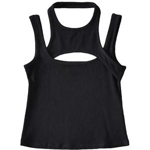 Asymmetrische crop tops voor dames, sexy mouwloze holle trendy Y2K O-hals backless basic casual uitgaansvest tanktops, Zwart M, M