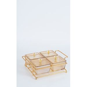 COFI 1453 Knabber Cerezlik Bakschaalset met 4 vakken met deksel en standaard, serveerschaal, knabbelschaal van glas voor snoep, dips, noten, chips, goud