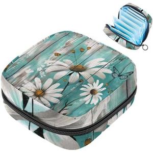 MUOOUM Witte madeliefjes bloemen vlinder houten maandverband opbergtas menstruatie pad tas draagbare menstruatie cup zakje met rits voor tienermeisjes vrouwen dames
