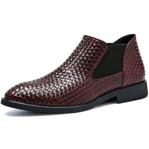 Heren leren geweven Chelsea-laarzen Slip-on Dealer enkellaarzen Schoenen leren Oxford woestijnlaarzen,Rood,45 EU