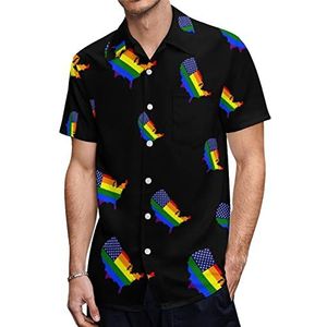 US Gay Pirde Regenboog Kaart Vlag Heren Hawaiiaanse Shirts Korte Mouw Casual Shirt Button Down Vakantie Strand Shirts 4XL