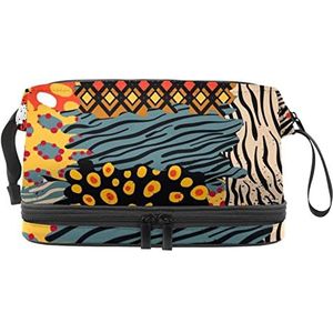 Dubbele Laag Cosmetische Tas Tribe Dier Huid Draagbare Make-up Tas Reizen Organizer Pouch voor Vrouwen Meisjes Toiletartikelen Tassen, Meerkleurig, 27x15x14 cm/10.6x5.9x5.5 in, Make-up zakje