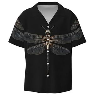 EdWal Dragonfly Zwarte Print Heren Korte Mouw Button Down Shirts Casual Losse Fit Zomer Strand Shirts Heren Jurk Shirts, Zwart, XL
