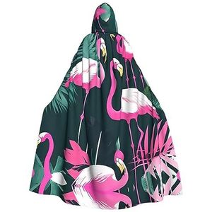 Bxzpzplj Roze flamingo en bladeren print mystieke mantel met capuchon voor mannen en vrouwen, Halloween, cosplay en carnaval, 185 cm