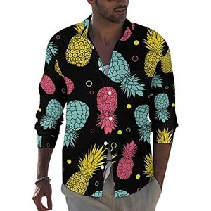 Kleurrijke Tropische Ananas Heren Revers Lange Mouw Shirt Button Down Print Blouse Zomer Pocket Tees Tops 2XL