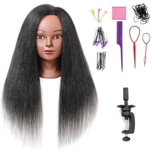 Armmu Mannequin hoofd met 100% echt haar, 45,7 cm kapper cosmetologie mannequin oefenpop training oefenpop hoofd met klem voor haarstyling - zwart