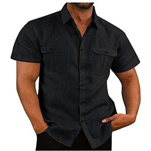 WEITING Linnen overhemd met korte mouwen voor heren, met opstaande kraag, Hawaïaans overhemd, korte mouwen, zomershirt, outdoor T-shirts, Noir, L