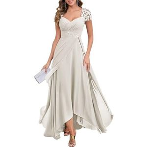 KIYNE Damesjurk met kapmouwen en V-hals, chiffon, moeder van de bruid, lange geplooide ruches formele avondjurk, Ivoor, 32
