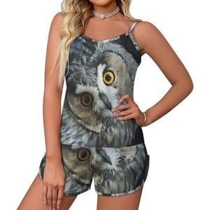 Geel Eyed Eagle Owl 2-delige dames pyjama set sexy tank top en shorts nachtkleding PJ Lounge