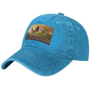 StOlmx Haan op hout in landbouwgrond print baseballpet verstelbare keperstof bulk met paardenstaarthat klassieke papa hoed voor mannen vrouwen, Blauw, Eén Maat