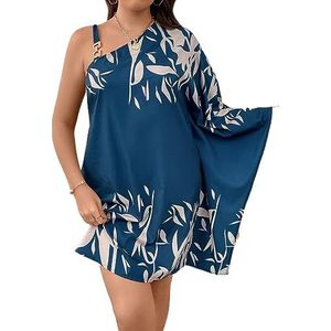 voor vrouwen jurk Plus jurk met asymmetrische hals en trompetmouwen met plantenprint (Color : Teal Blue, Size : XL)
