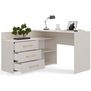 BDW Hoekbureau rechts, 3 laden en 2 planken, veel ruimte om uit te vouwen, voor tienerkamers, kantoren en ateliers, hoekbureau, computertafel, bureautafel 120 x 76 x 50 cm (kasjmier)