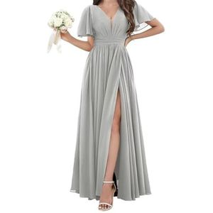 Chiffon bruidsmeisjesjurken voor dames, voor bruiloft, met split, avondgalajurken, cocktailjurken, grote maten, Zilver, 32