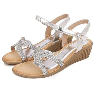 WOFANLULY Dames zomer wig sandalen sprankelende strass lage hakken gesp sandaal comfortabele Boheemse platform partij bruiloft wandelen jurk schoenen, Zilver, 37 EU