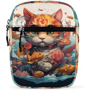 Lucky Cat Maneki Neko Dragons And Gold Fish Mini Crossbody Tas Unisex Anti-Diefstal Side Schoudertassen Reizen Kleine Messenger Bag