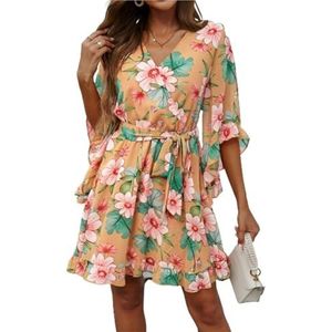CupitiDU Dames Boho Bloemen Gedrukt Chiffon Jurken, Casual Zomer V-hals Chiffon Lange Boerenmouwen Vloeiende Orset Jurk, Oranje, XL