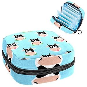 Cartoon Leuke Koe op Blauwe Achtergrond Print Periode Tas voor Tiener Meisjes Vrouwen Dame, Maandverband Opbergtas met Rits Nylon Draagbare Opslag Menstruatie Pad Tas