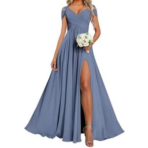AHERKLL HAH038 Chiffon bruidsmeisjesjurk voor dames, met split, galajurk, plooien, cocktailjurk, grote maten, Staal Blauw, 32