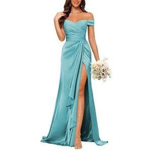 KURFACE Satijnen baljurken met split voor dames, mouwloos, lange formele avondjurk, Turkoois, 42