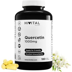 Quercetine 1000 mg. 180 veganistische capsules voor een kuur van 3 maanden. Natuurlijk extract van Saphora Japonica bloemen met 95% Quercetine. Natuurlijke bioflavonoïde. Door HIVITAL