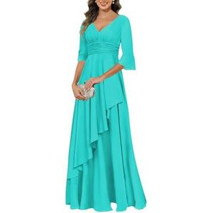 KIYNE Jurken voor dames, V-hals, moeder van de bruid met mouwen, geplooide ruches chiffon formele avondjurk, Turkoois, 40