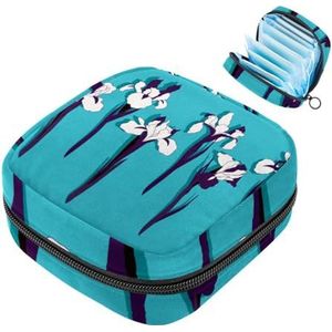 Opbergtas voor maandverband, iris bloemen blauwe draagbare menstruatie pad tas, inlegkruisjes tampons maandverband opslag houder voor vrouwen school kantoor