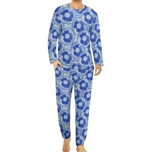 Blauwe ananas ringpatroon comfortabele herenpyjama set ronde hals lange mouwen loungewear met zakken M