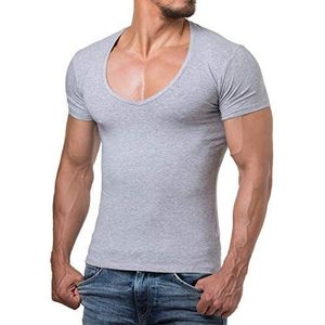 Re Rock Young & Rich T-shirt voor heren, 12 kleuren, V-hals, slim fit, eenkleurig, met V-hals, S tot 3XL, grijs melange, XL