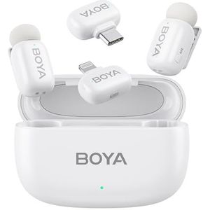 Boyamini Wireless Lavalier Microphone for iPhone/iPad Android Device with 2 Plugs&2 Ultra Mini Mics with 30H Usage, AI Voice Change, Lapel Microphone for Vlog, Streaming, TikTok, YouTube(White)