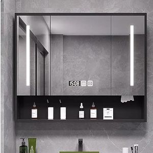 UkewEi 46 × 30 inch verlichte medicijnkastspiegel voor badkamer, drie deuren led medicijnkast met spiegel, verzonken of oppervlak wandmontagekast met verlichting, ontdooier, digitale klok (kleur: B,