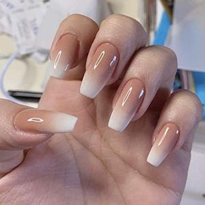 Coffin False Nails Short Fake Nails Gradient Press on Nails Ballerina Acrylic Full Cover Stick on Nails 24pcs for Women and Girls(Brown)