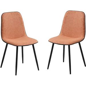 GEIRONV Moderne eetkamerstoelen set van 2, for lounge kantoor rugleuning zacht kunstleer zitting met zwarte metalen poten keukenstoelen Eetstoelen (Color : Pink orange, Size : 42x45x88cm)
