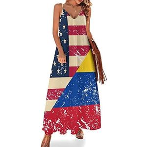 USA And Columbia Retro vlag dames zomer maxi-jurk V-hals mouwloze spaghettibandjes lange jurk
