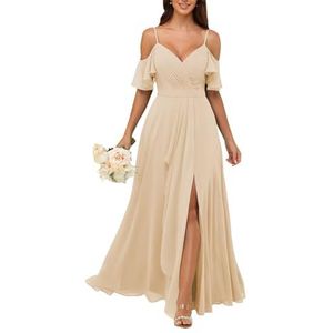 KURFACE Bruidsmeisjesjurken met V-hals en spleet, geplooide koude schouder, chiffon, formele jurk, feestjurk, Champagne, 32