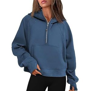 Womens Hooded Sweatshirts Half Zipper Pullover Cute Shirts for Teen Girls Clothes Crop Hoodie Fleece Lined Hoodies Cropped Long Sleeve Tops (Color : Dark blue, Size : M)